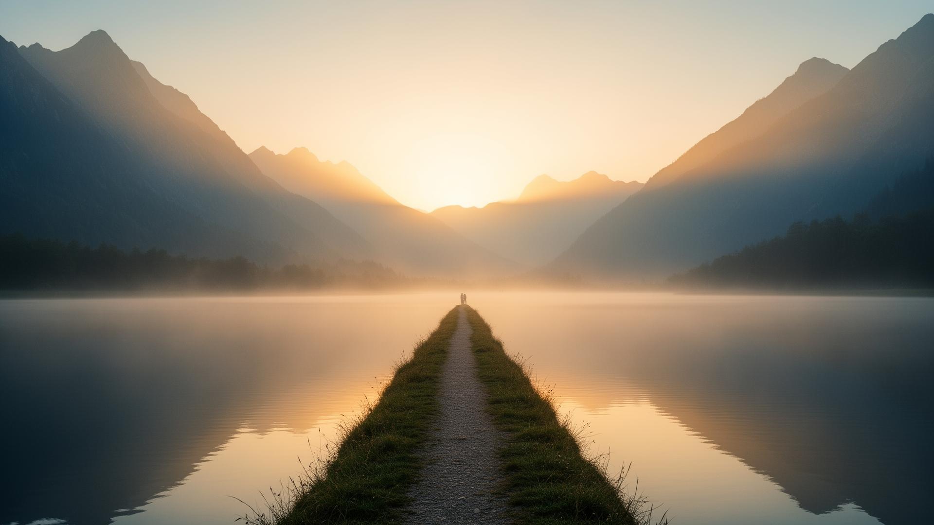 Silueta de un profesional al amanecer sobre una cumbre, con claridad y energía